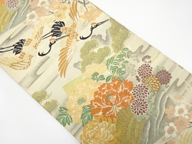 JAPANESE KIMONO / ANTIQUE MARU OBI / SILK / WOVEN CRANES WITH KIKU & UME